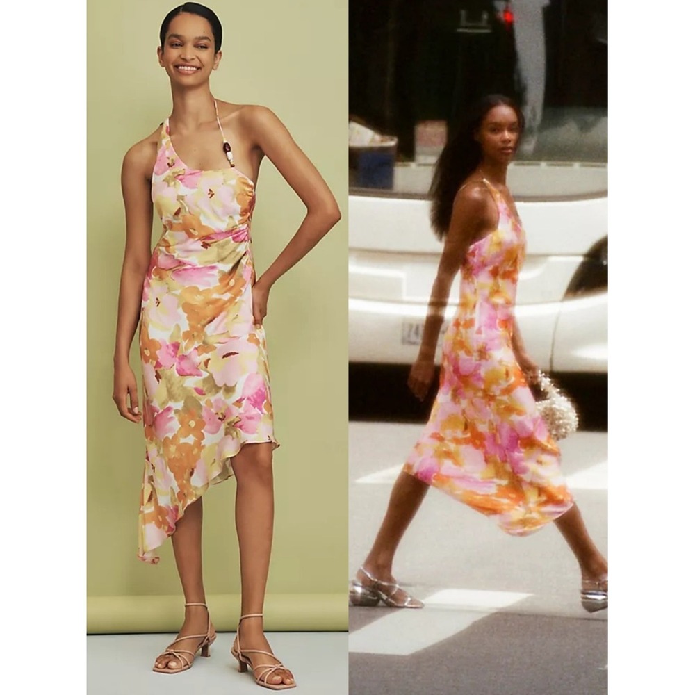 Bardot Anthropologie Andy Dress One Shoulder Asymmetric Floral Satin Midi NWT 12